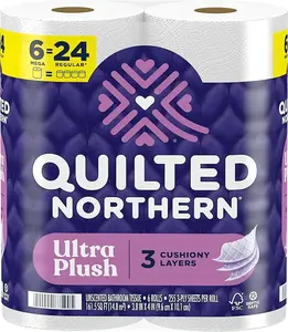 Quilted Northern Ultra Plush Toilet Paper, 6 Mega Rolls = 24 Regular Rolls, 3X Thicker*, 3 Ply Soft Toilet Tissue Wipes