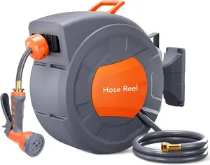 Garden Hose Reel, 1/2 in x 65/100 ft Wall Mounted Retractable Water Hose Reel with 9 Function Sprayer Nozzle, Any Length Lock, 180° Swivel Bracket, Automatic Rewind and Slow Return System