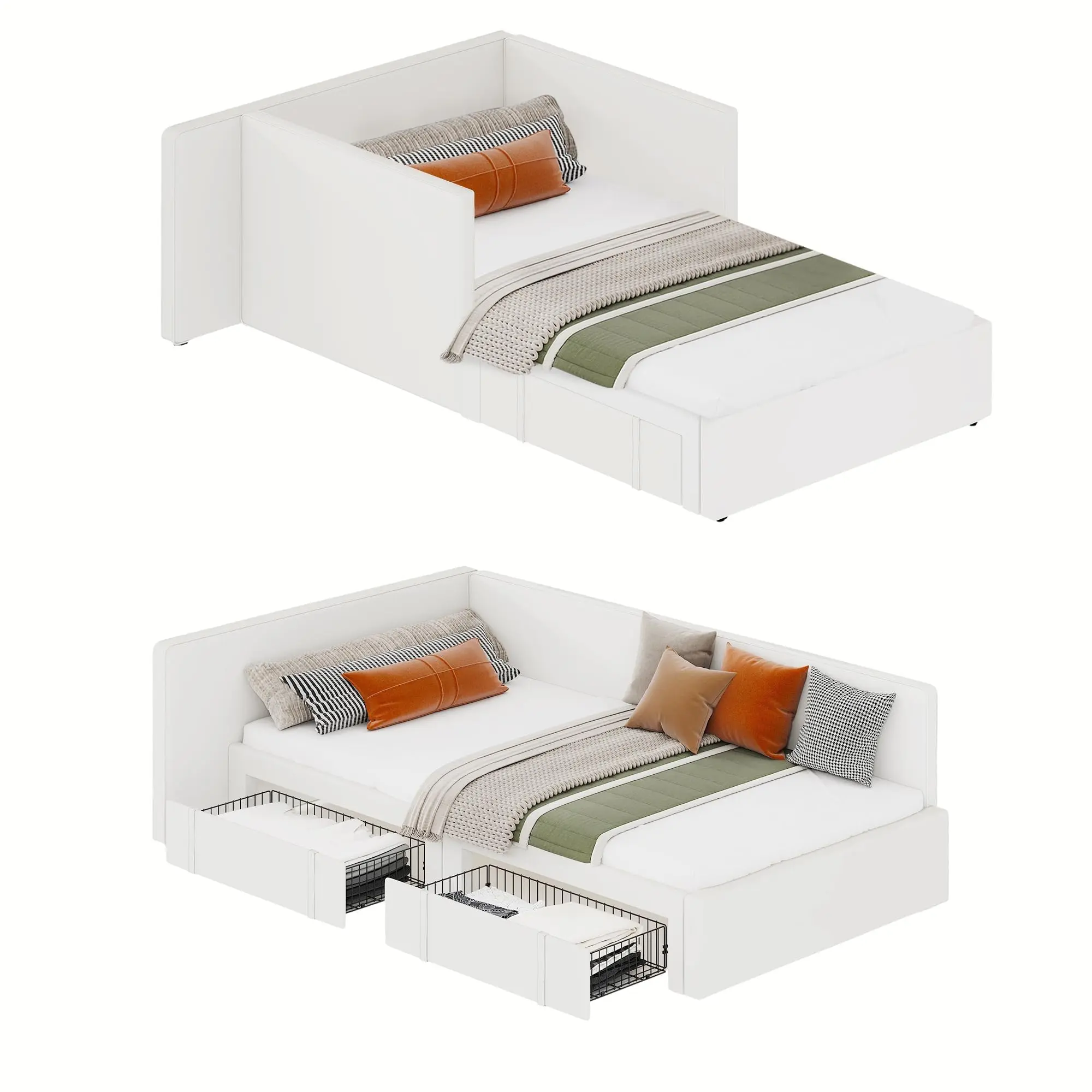 Beige Twin Daybed with 2 Storage Drawers, Corner Bed Frame with Extended Headboard and Bed Rails, Velvet Upholstered Sofa Bed with Guardrail for Bedroom, Adjustable Installation