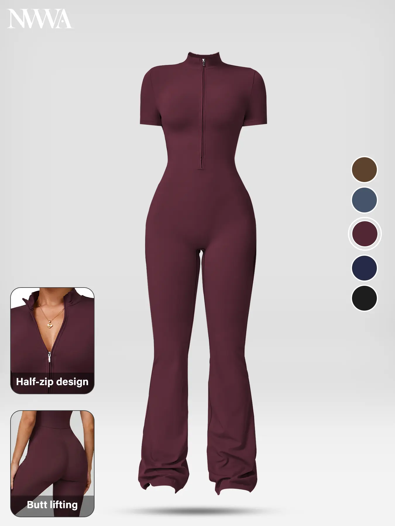 NVWA Women's Short-Sleeve Zip-Front Nylon Blend Bodysuit - Breathable, Skin-Friendly, Slim-Fitting, Butt-Lifting Camisole for Yoga, Gym - Stylish, Trending, Fashionable Women's Clothes for Sports & Outdoor Activities