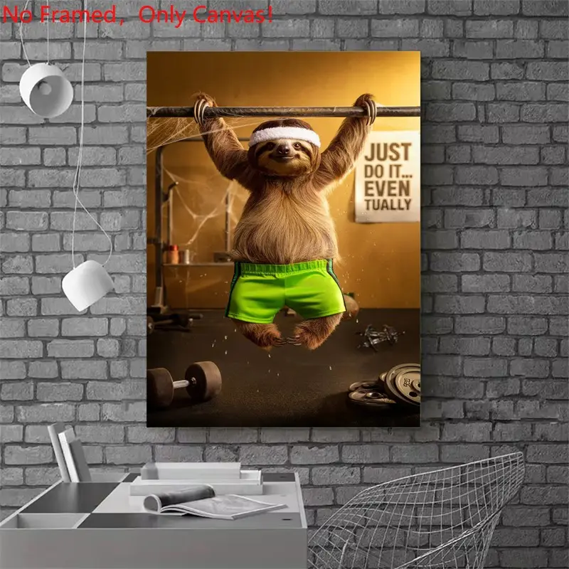 1 piece/set frameless canvas painting print poster, gym culture Sports art,Sloth at the Gym, a perfect gift for Bodybuilding exercise loves, ideal gift for bedroom, living room, dorm hallway, kitchen, mural, wall decoration, room decor