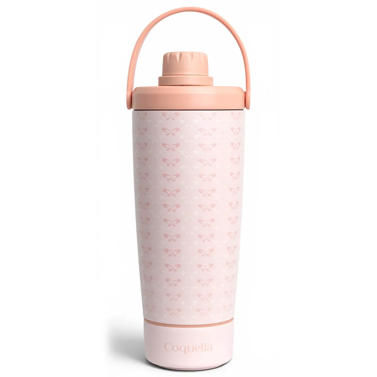 Coquella Elanelle 20oz Insulated Stainless Steel Shaker Bottle with Storage Base, Strainer Lid Protein Shaker Cup for Gym, Ball-Free Quiet Mixing, Carry Handle, BPA-Free, Pink (Peachy Bow) Flasks