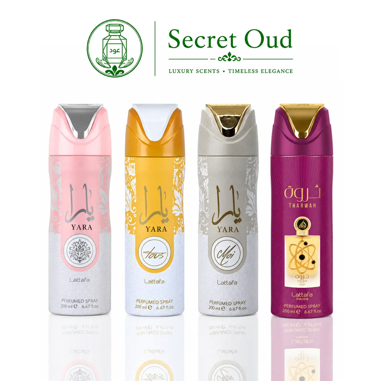 Yara Deodorant + Tharwah Deodorant + Yara Moi Deodorant + Yara Tous Deodorant -- 4-Piece bundle