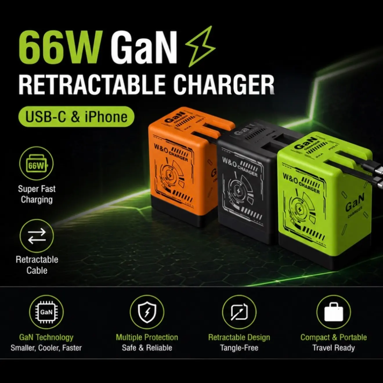 2-in-1 Fast Retractable Charger, USB-C & iPhone Compatible for Smartphone, Cellphone, and other devices