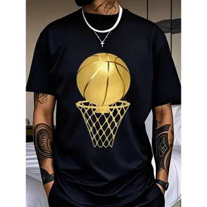 Men's Basketball Graphic T-Shirt - Black & Golden Hoop Design Crew Neck Tee