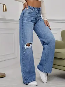 JUNBAOSS Women's Mid Waisted Pull On Stretchy Flare Ripped Wide Leg Jeans Women Elastic Waist Bell Bottom Boyfriends Straight Baggy Y2K Denim Pants Women's Loose Tummy Control Trendy Bootcut Jeans