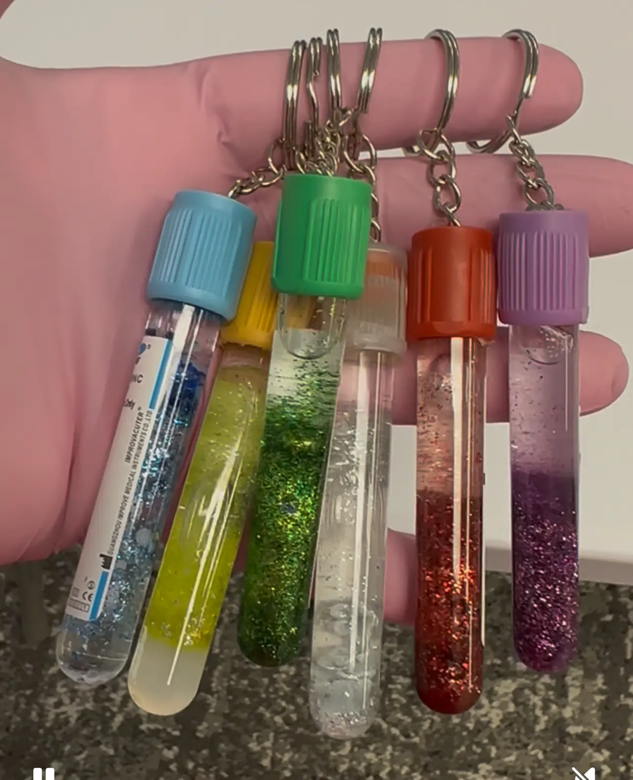 Phlebotomy Tube Keychain - Colorful Glitter Design with Blue Green Orange and Purple Caps