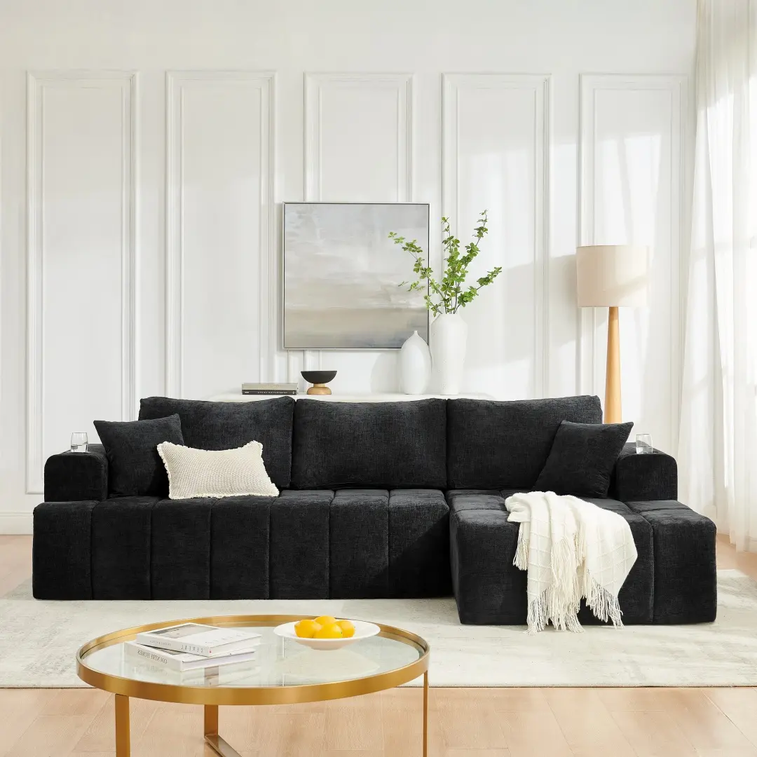 108" Oversized Cloud Boneless Sofa Couch, L-Shaped Chenille Sectional Sofa, Cloud Boneless Sofa with Chaise, Modern Upholstered Couch with Cup Holders & Side Pockets, Compression Sofa for Living Room, No Assembly Required, Black
