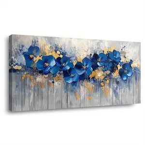 Blue and Gold Floral Abstract Canvas Wall Art - Modern Vintage Framed Painting, Wood Frame, High Quality Ink Printing Suitable for Living Room, Bedroom, Office, Kitchen and Bathroom Wall Decoration.