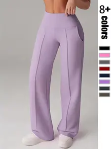Women's Solid Color Loose Fit Pocket Straight Leg Pants, High Waist Butt Lifting, Perfect for Daily Wear and Outdoor Activities, Fashionable All-Season Sportswear