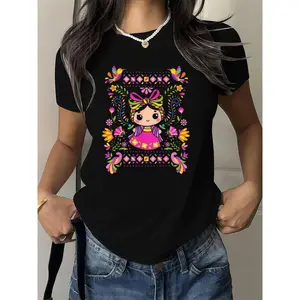 Vibrant Mexican Mazahua Lele Maria Folk Art Cotton T-Shirt For Women With Colorful Floral Patterns And Cartoon Graphics Short Sleeve Comfortable Casual Wear