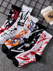 5 Pairs Men's Socks, Teenage Colorful Street Style Graffiti Crew Socks, Comfortable Soft Sports Long Socks, Random Colors, Spring Fall, Streetwear