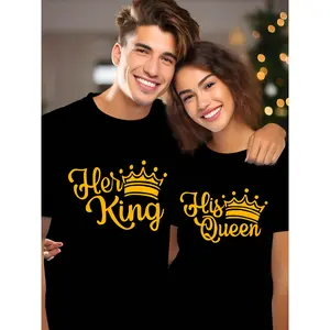 220g Heavyweight T-Shirts | Matching King & Queen Lettering for Couples, Casual Crew Neck Short Sleeve Tees, Machine Washable, Ideal for Summer