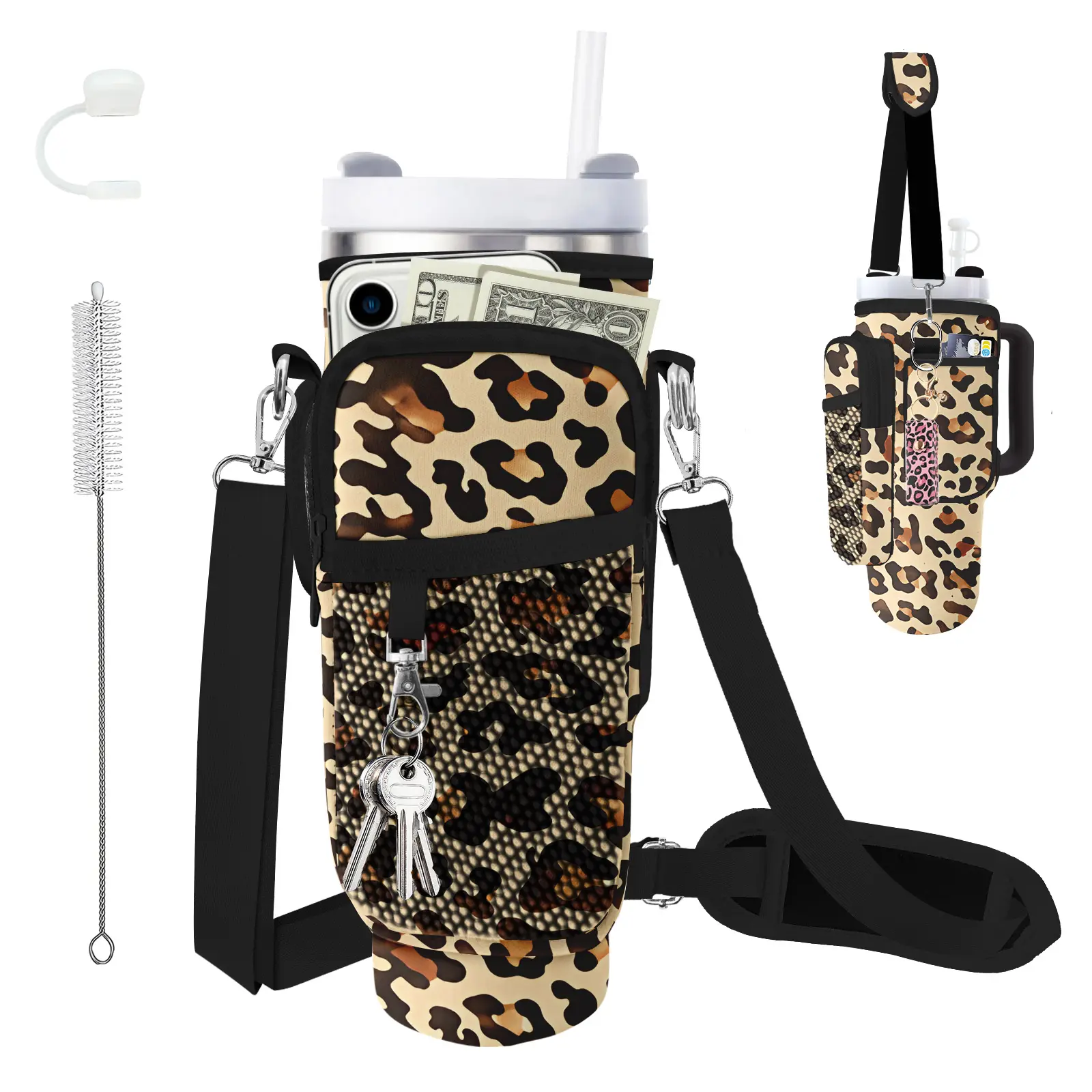Stanley Cup Bag 40/30 oz for Water Bottle Carrier Bag, Neoprene Water Bottle Holder with Phone Pocket, Adjustable Shoulder & Handle Strap, Stanley Cup Accessories, Brown Leopard Print