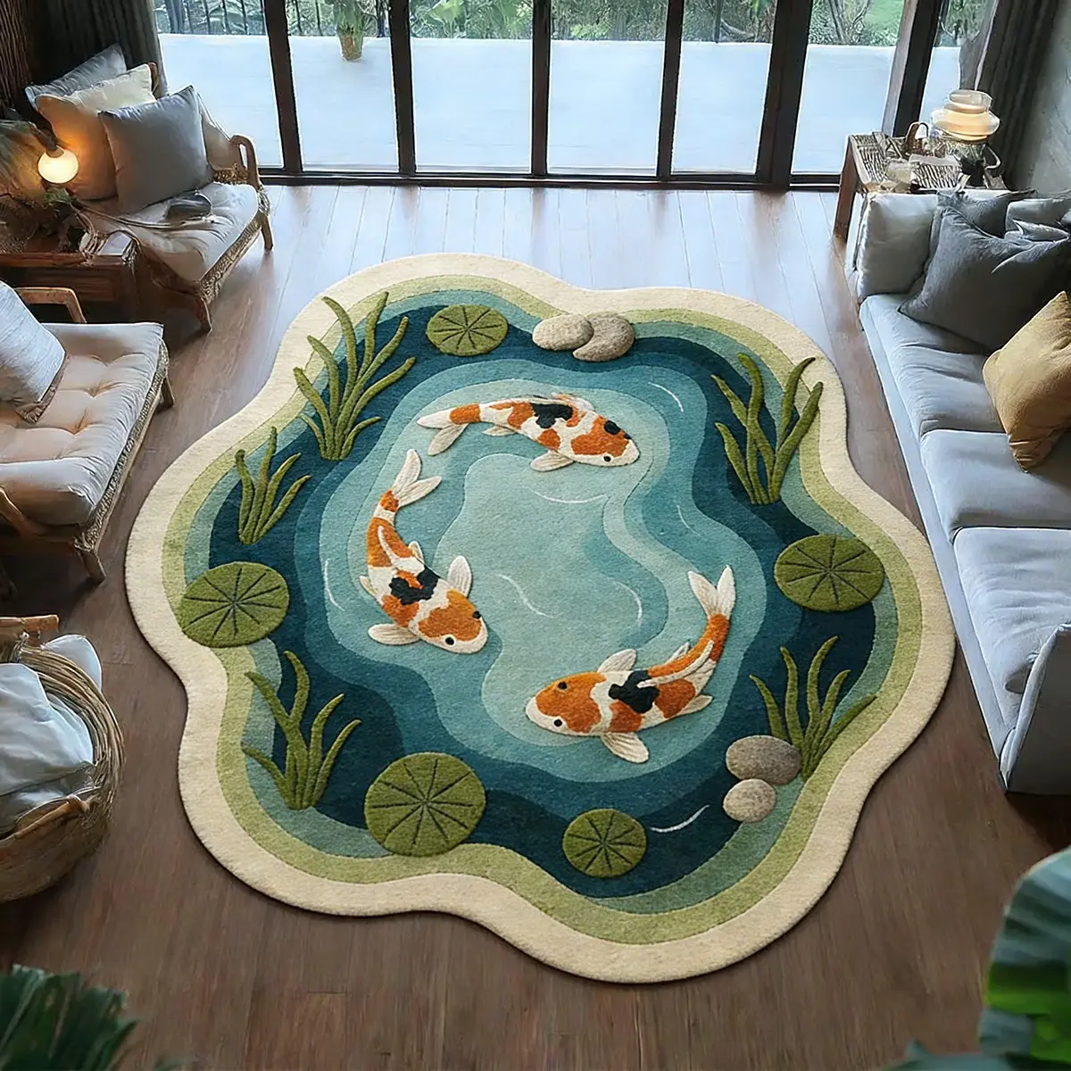 1PC Imitation 3D Water Gradient Swimming Koi Fish Rug, Irregular Shape Decor Floor Mat, Soft Plush Washable Carpet, Home Decor Rugs, Vintage Home Decor, Ideal Bedside Rug for Living Room, Bedroom, Window Sill, Perfect Gift for Frien