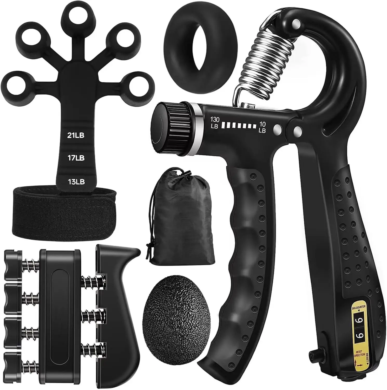 Adjustable 5-in-1 Hand Grip Set,- Finger Exerciser, Hand Grip Strengthener, Hand Extension Exerciser, Stress Relief Ball and Forearm Workout Ring（Fitness training, stable and non-slip）