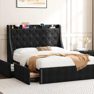 Upholstered Full Bed Frame with 4 Storage Drawers, Wingback Headboard & Charging Station, No Box Spring Needed, Diamond Tufted Design luxury  bedroom  furniture