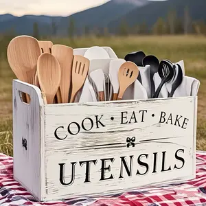 Extra Large Rustic Wooden Utensil Organizer - 3-Compartment Countertop & Wall-Mounted Storage Box for Cooking/Baking Tools, Heavy-Duty Kitchen Rack with Multi-Functional Design (Natural Wood)