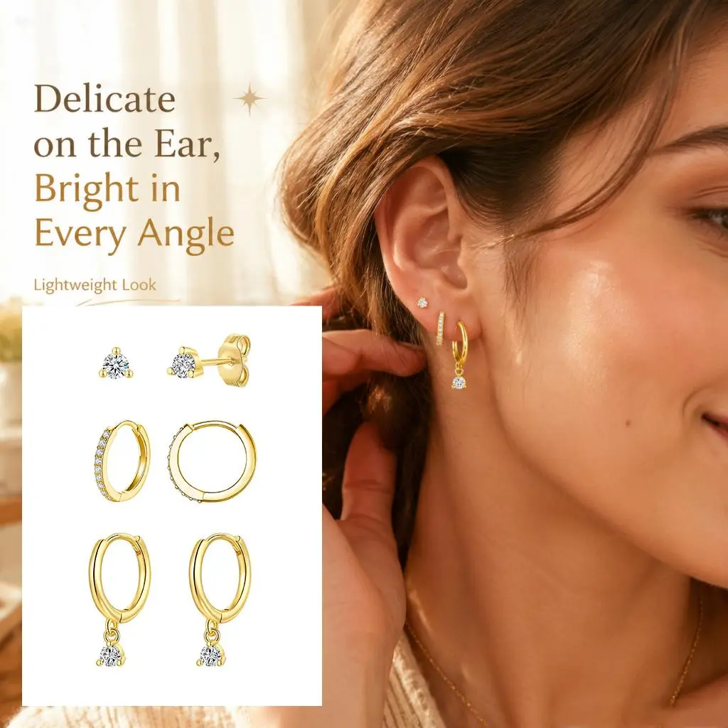 Women's 3-Pair Hypoallergenic Gold Hoop Earrings Set - 14 karat Gold-Plated, Delicate Small Stud Hoops for Layering, Ear Drops/Ear Cuffs, Ideal for Anniversary, Dance Events, Engagement, Wedding Gifts