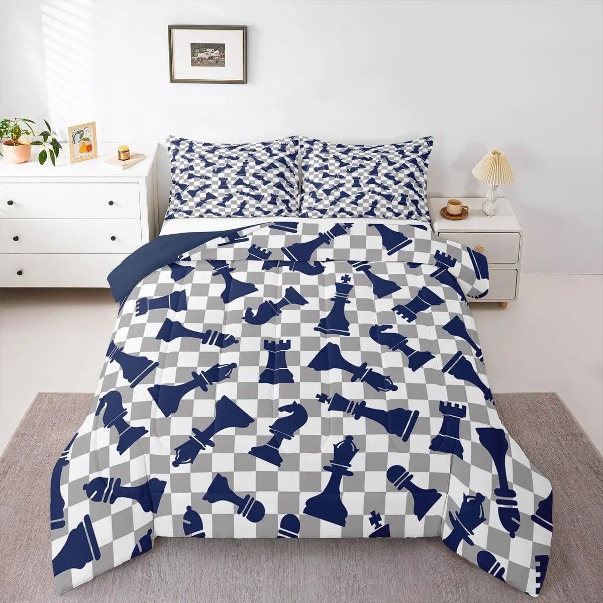 International Chess Comforter Set,Chess Game Bedding Set & Adults,Blue & Grey White Checkerboard Down Comforter & Quilt Duvet Set With 1