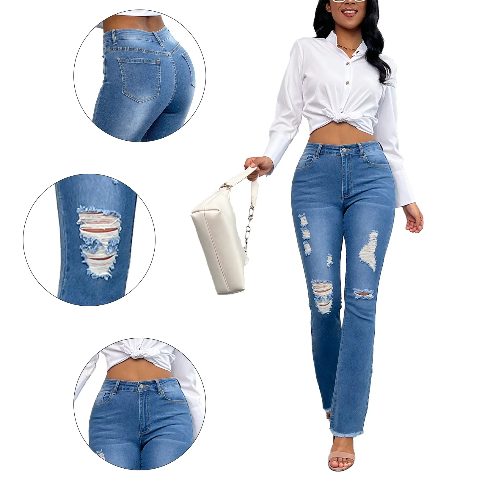 Vintage distressed high-waisted irregularly cut frayed bell-bottom denim pants for women, summer slimming pants with fringes at the hem reaching the floor