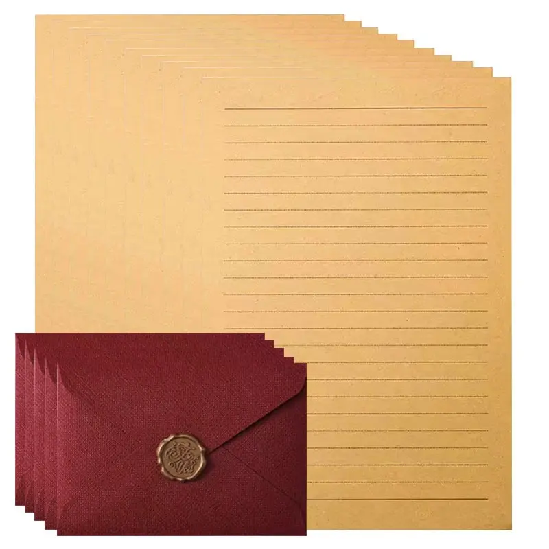 Vintage Leather Writing Lettering Paper Set, Office Supplies, Stationary Letter And Envelopes, Cloth Envelopes, Handwritten Love Letters, Includes 12 Sheets + 5 Envelopes + 5 Wax Seals