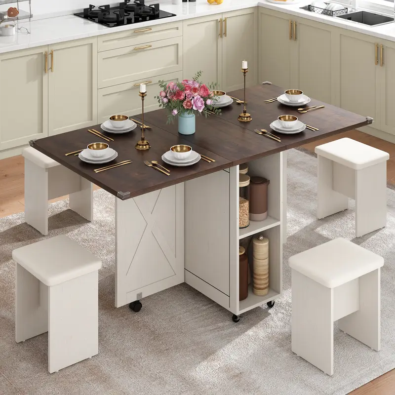 5 PCS Farmhouse Dining Table Set for 4,60" Large Folding Dining Table Set w/ 4 Leather Chairs, Drop Leaf Foldable Kitchen Table for Small Spaces,Barn Door Design,6 Wheels,2-Layer Storage Shelf