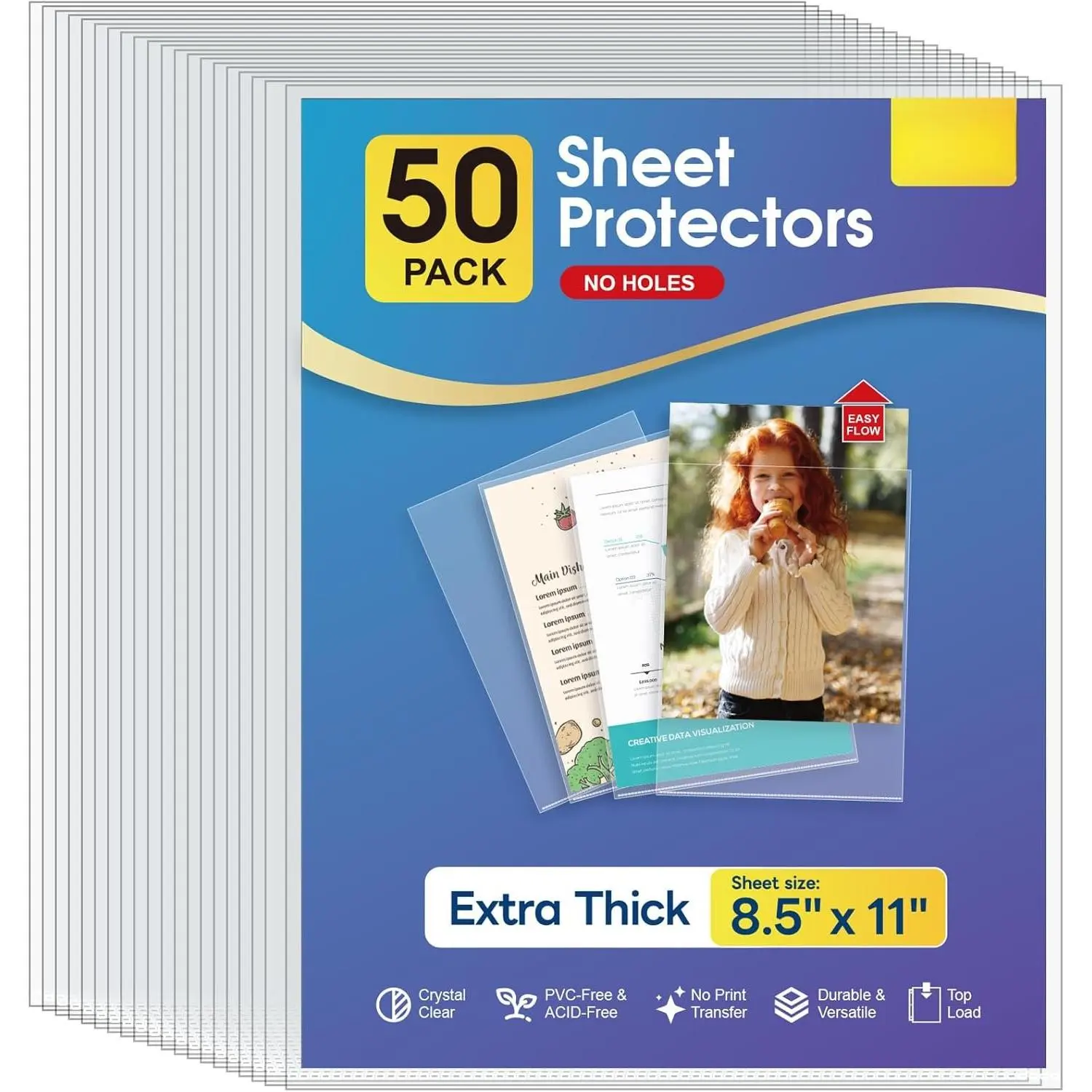 No Holes Sheet Protectors 8.5 x 11 Inch Heavy Duty Clear Page Protectors, Plastic Paper Document Sleeves, Letter Size, Top Loading, Acid Free, 50 Pack