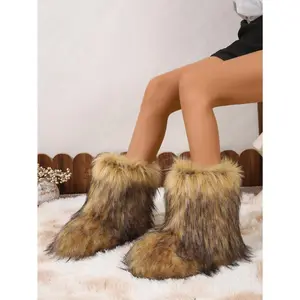 Faux Boot Furry Fluffy Round Toe Suede Snow Winter Women Boots Comfy Plush Warm Windproof  Outdoor Indoor  Shoes Mid-Calf BootGift