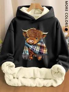 Women's Cute Highland Cow with Plaid Scarf Printed Hoodie, Warm Faux Fur Lined, Unisex for Autumn and Winter Wear