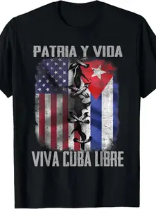 Patria Y Vida Viva Cuba Libre Round Neck T-Shirt, Casual Menswear Graphic Fitted Long Streetwear USA Cuba Flag Cuban American Pride Shirt