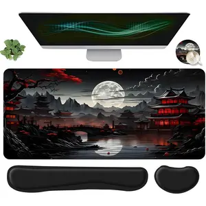 Vintage Moonlit Landscape Mouse Pad & Keyboard Wrist Rest & Coaster Set, Ergonomic Wrist Support, Waterproof Computer Mat, Suitable for Home Office Gaming