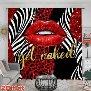 2D Flat 2Pcs Get Naked Red Glitter Lips and Leopard Print Curtains, Black White Zebra Stripe Window Treatment, Sexy Stylish Decor for Living Room Bedroom Dining, Pole Pocket Style Semi Sunshade Anti-Privacy, Christmas Gift De