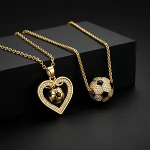 18K Gold Plated Soccer Necklace Set Heart & Ball Pendants for Couples Unisex Sports Lover Jewelry Gift for Him & Her Trendy Daily Wear Accessories Gold Statement Chain