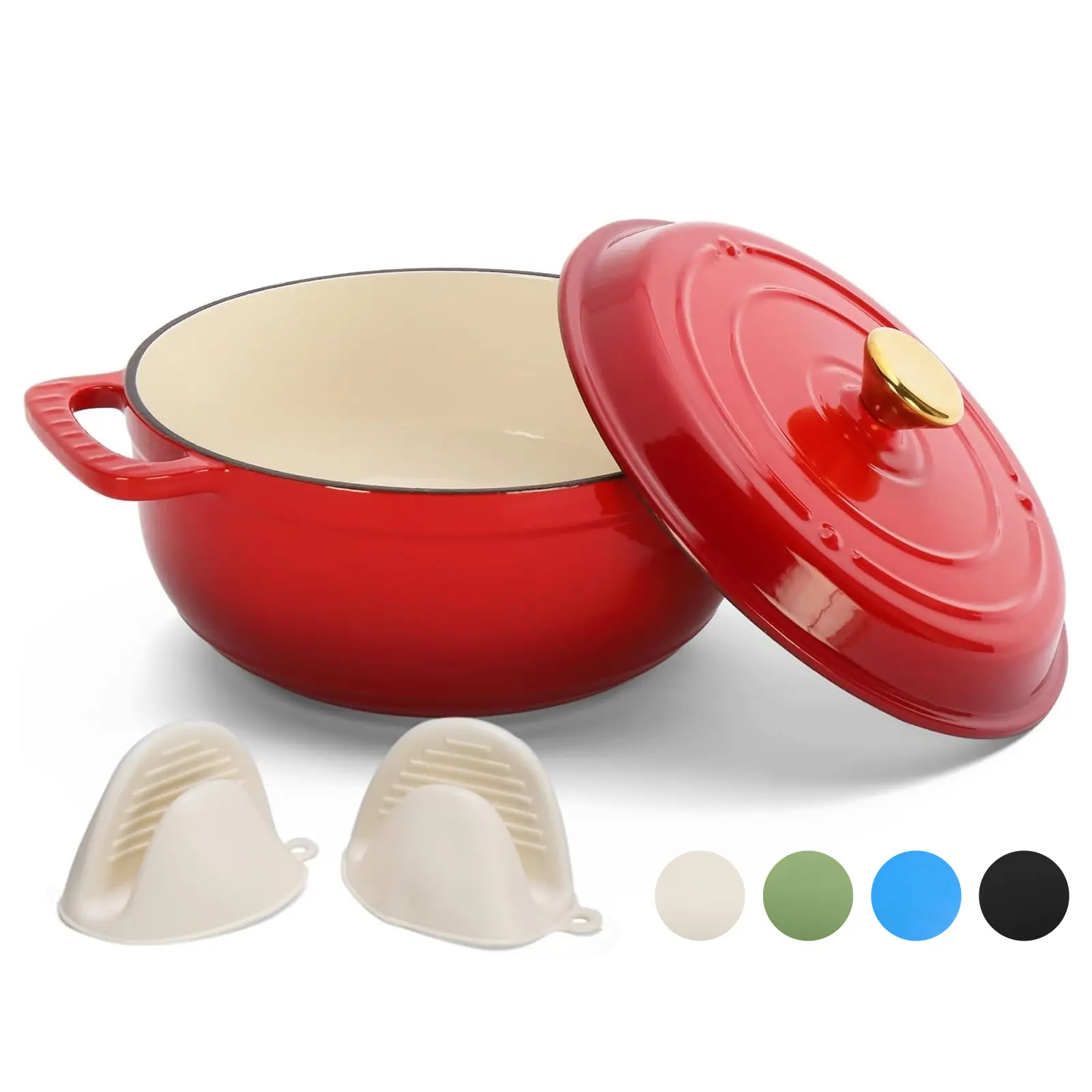 Pre-Seasoned Enamel Cast Iron Dutch Oven - Multi-Size Cast Iron Pots (5/6/7.5 QT), Heavy-Duty Handle and Lid Pots with Dual Handles & Silicone Gloves, Heat Cold Resistance, FDA-Certified, Oven Safe up to 500°F, Ideal for Roasting,home essentials