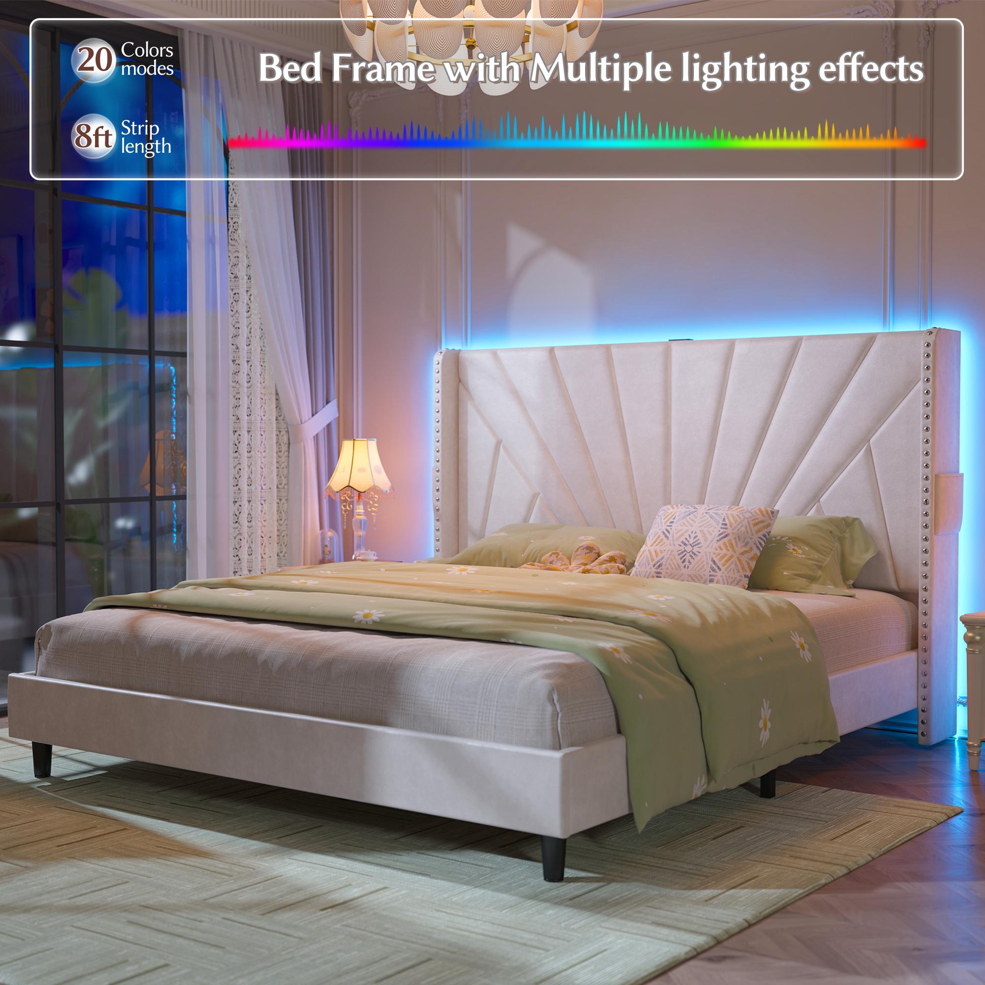 Raybee Furniture Queen Velvet Upholstered Bed Frame with 51" Tall Headboard, NO MATTRESS, Upholstered Bed Frame, King Size with LED Lights and Charging Station, Sturdy Wood Slat, Easy Assembly, No-Noise, Gift for Moving House [Black Friday]