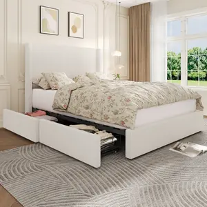 Corduroy Upholstered Platform Bed with Drawers – Wingback Headboard, Tufted Design, No Box Spring, Cream White, Queen or King