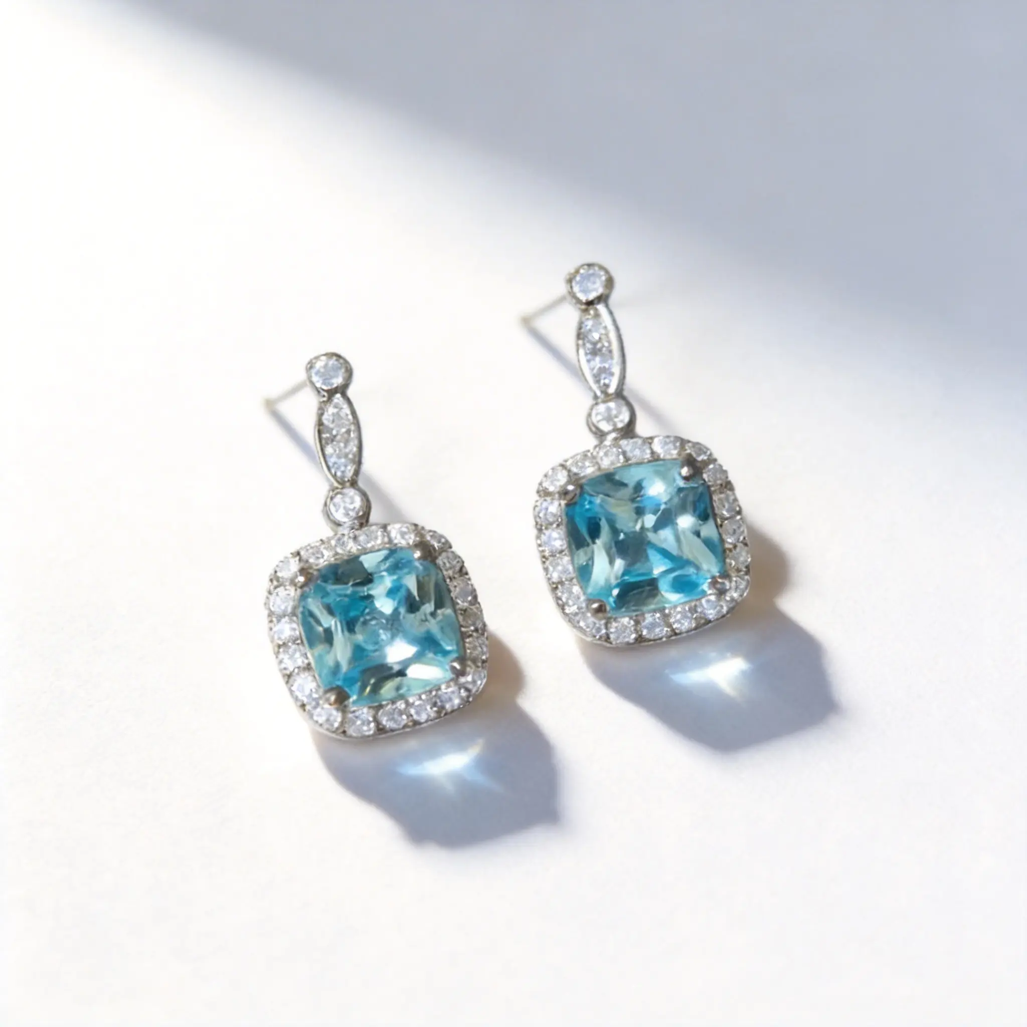 Silver-Tone Square Blue CZ Halo Spinner Drop Earrings, Alloy, Elegant Timeless Design, Lightweight Comfortable Skin-Friendly Non-Fade, Luxury Engagement Bridal Jewelry, Great for Weddings & Special Occasions, Unique Gift for Her, Spinner Earrings, Basic,