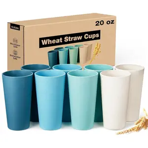 Wheat Straw Cups Set of 8, 20 oz Unbreakable Drinking Cup, Chip Resistant Cups, Reusable Water Cup Set, Large Cups for Kitchen, Camping, BPA Free Cups, Dishwasher & Microwave Safe Tumbler Cups