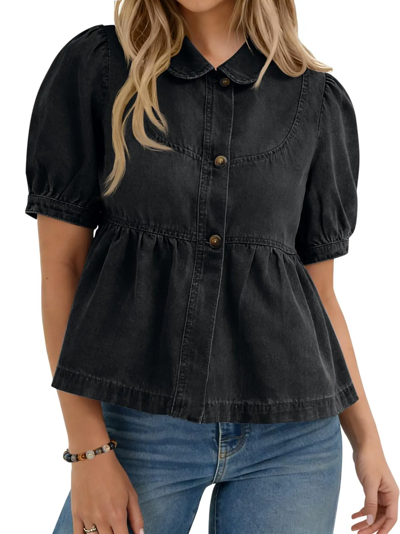 Women's Denim Shirt Blouse with Puff Sleeves, Peplum, Casual Button-Up Top, Loose-Fitting, Summer Fashion, Womenswear