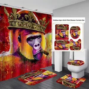 Graffiti King Gorilla Shower Curtain 4 Piece Set, Colorful Pop Art Crown Monkey with Cigar Bathroom Decor Set, Waterproof Shower Curtain Non-Slip Bath Mat Toilet Lid Cover U-Shaped Rug Complete Bathroom Kit