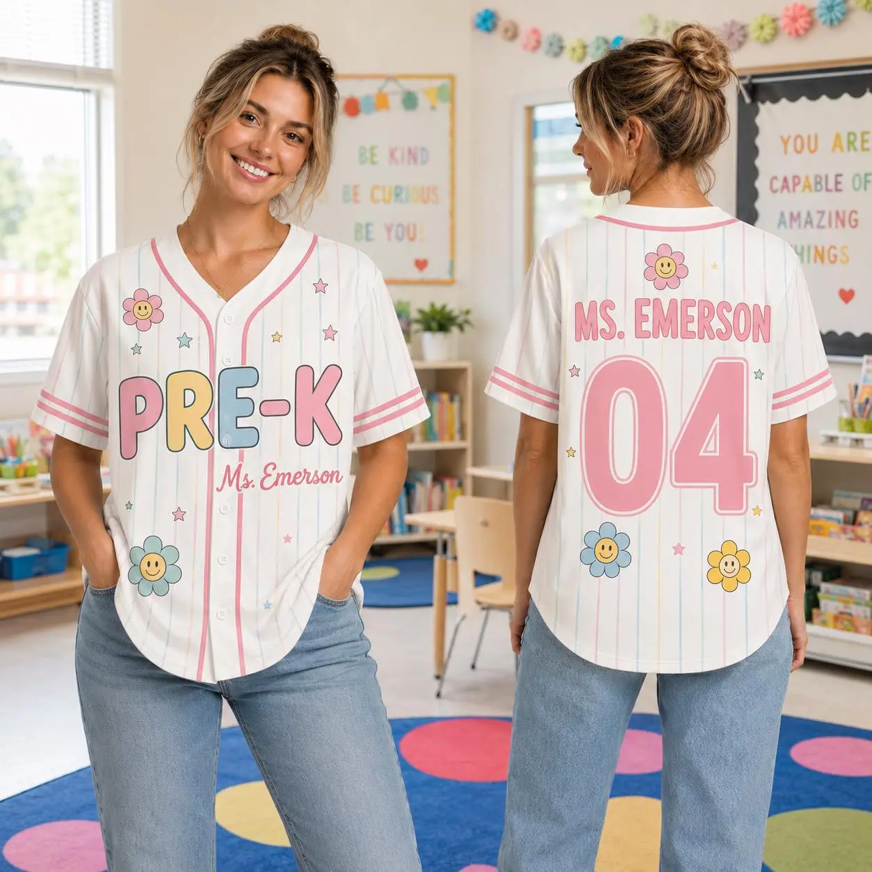 Personalized Grade Level Teacher Baseball Shirt, Custom Name & Number Pinstripe Shirt, Pastel Rainbow Teacher Shirt, Back to School Teacher
