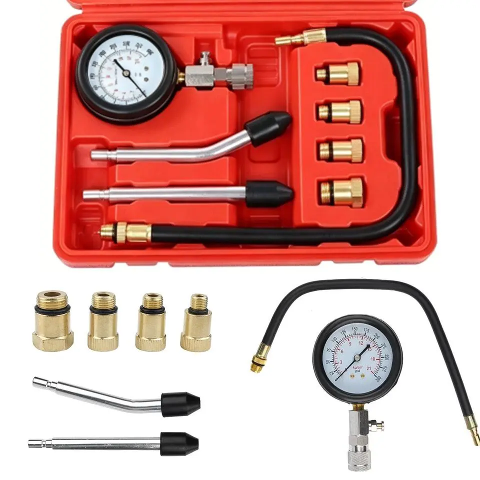 Universal Petrol Compression Tester Gauge Kit, 8PCS Automotive Engine Testing Tools, 0-21kg/cm² Range, Easy Pressure Release, for Vehicle Motorcycle Lawn Equipment