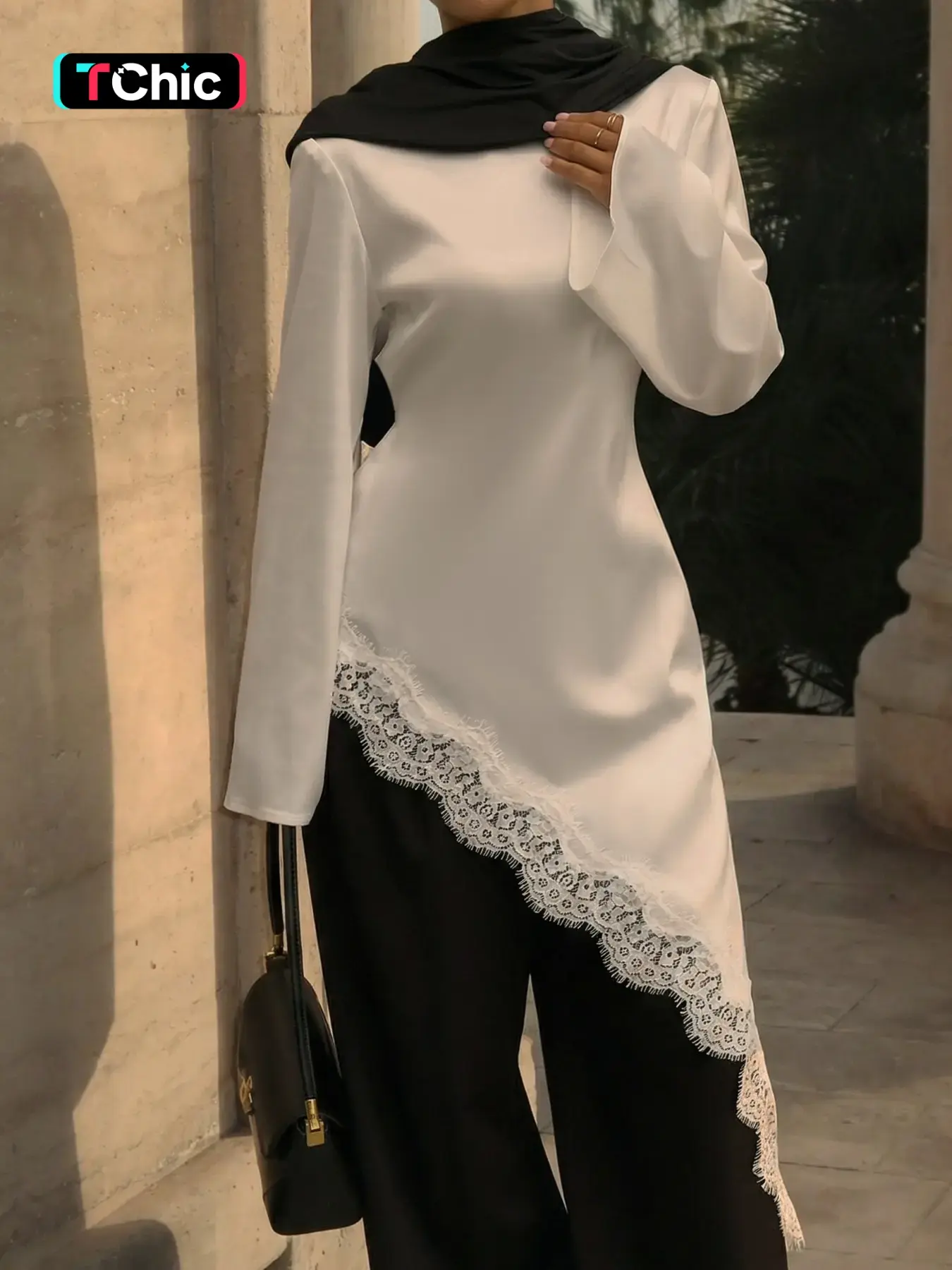 White Satin Asymmetrical Lace Trim Tunic Top Women Long Sleeve Slim Fit Elegant Abaya Style Blouse Modest Casual Party Top Muslim Fashion Modesty