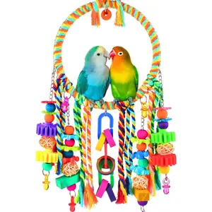 Bird Toys, Bird Swing Toy Bird Perch with Colorful Chewing Toys, Suitable for Lovebirds, Finches, Parakeets, Budgerigars, Conure ect Small Birds Colored Wooden Beads Bird Swing Bird Cage Toy with Bells
