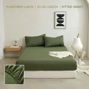 PUREFIBER 100% Linen Fitted Sheet – Breathable Soft Washed Bed Sheet, Soft Natural Flax, OEKO-TEX Certified Deep Pocket