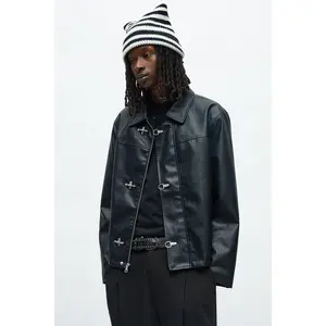 Fireman Clasp Faux Leather Jacket - Black