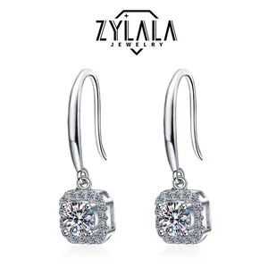 [065] Square Sparkling Synthetic Moissanite Decor Dangle Earrings Sterling 925 Silver Jewelry Elegant Luxury Style Banquet Party Ear Ornaments Christmas Female Gift