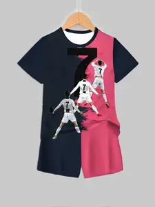 Cristiano Ronaldo 7 Color Block Short Sleeve Set Suits for Boys, Casual Summer Fan with Random Print, Fitted Tee and Shorts