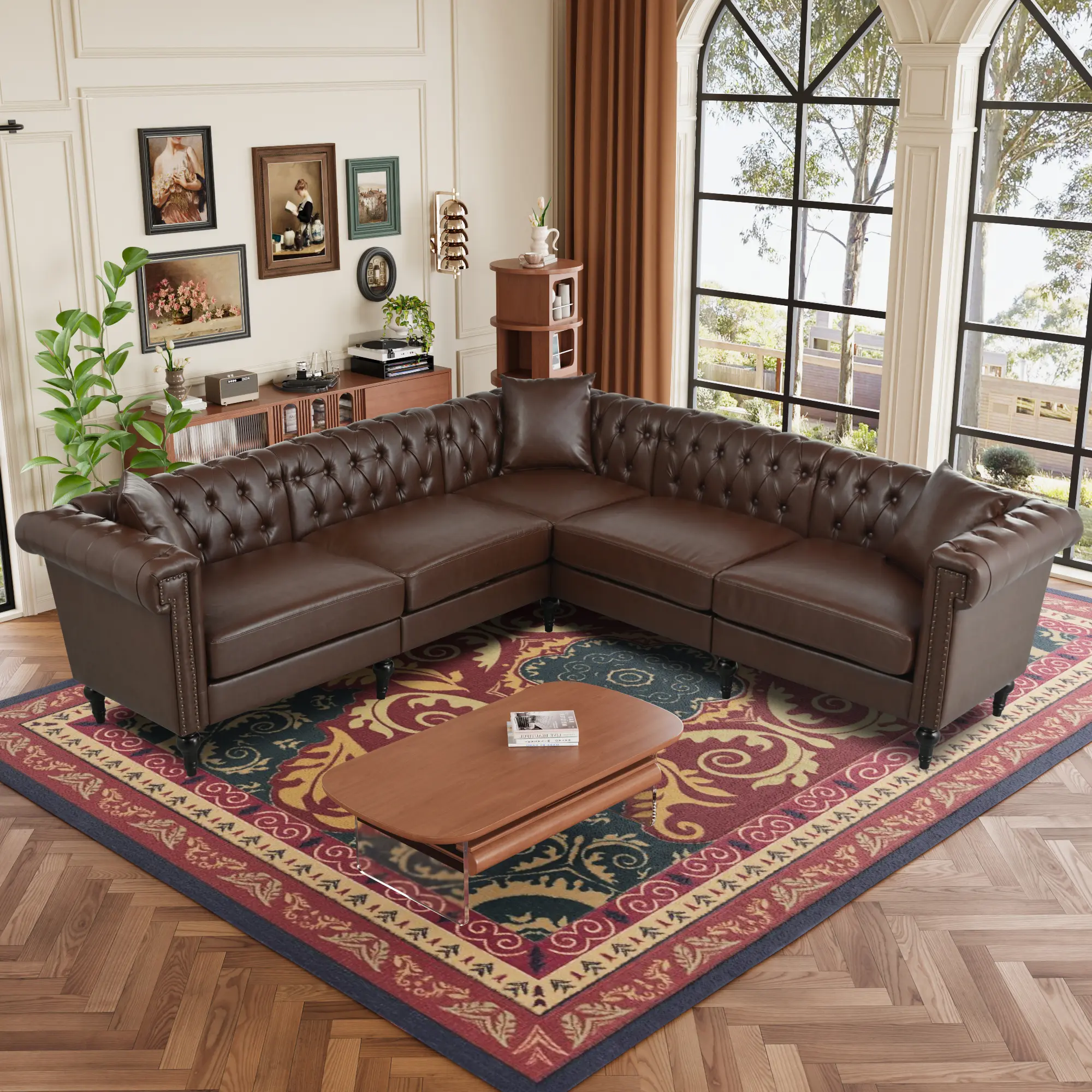 L-Shaped Reversible PU Leather Chesterfield Sofa - 5-Seat Tufted Sofas for Living Room, Rolled Arms, Nailhead Trim, Fits Small or Large Indoor Spaces